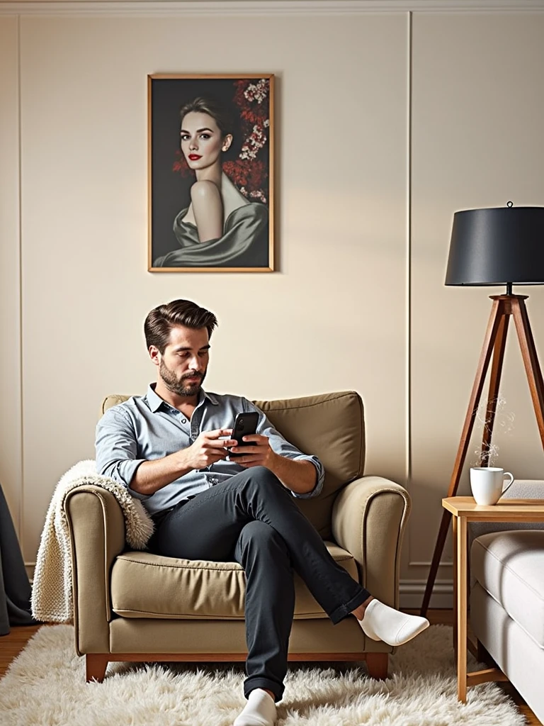 A men sitting on a chair a using his phone ,put something else that is suitable according to picture