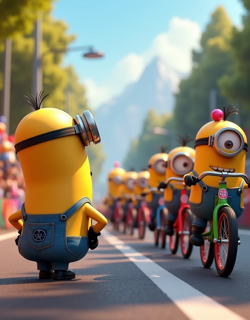 Minion Kevin is watching the bicycle race,scene of each Minion standing next to his bike getting ready