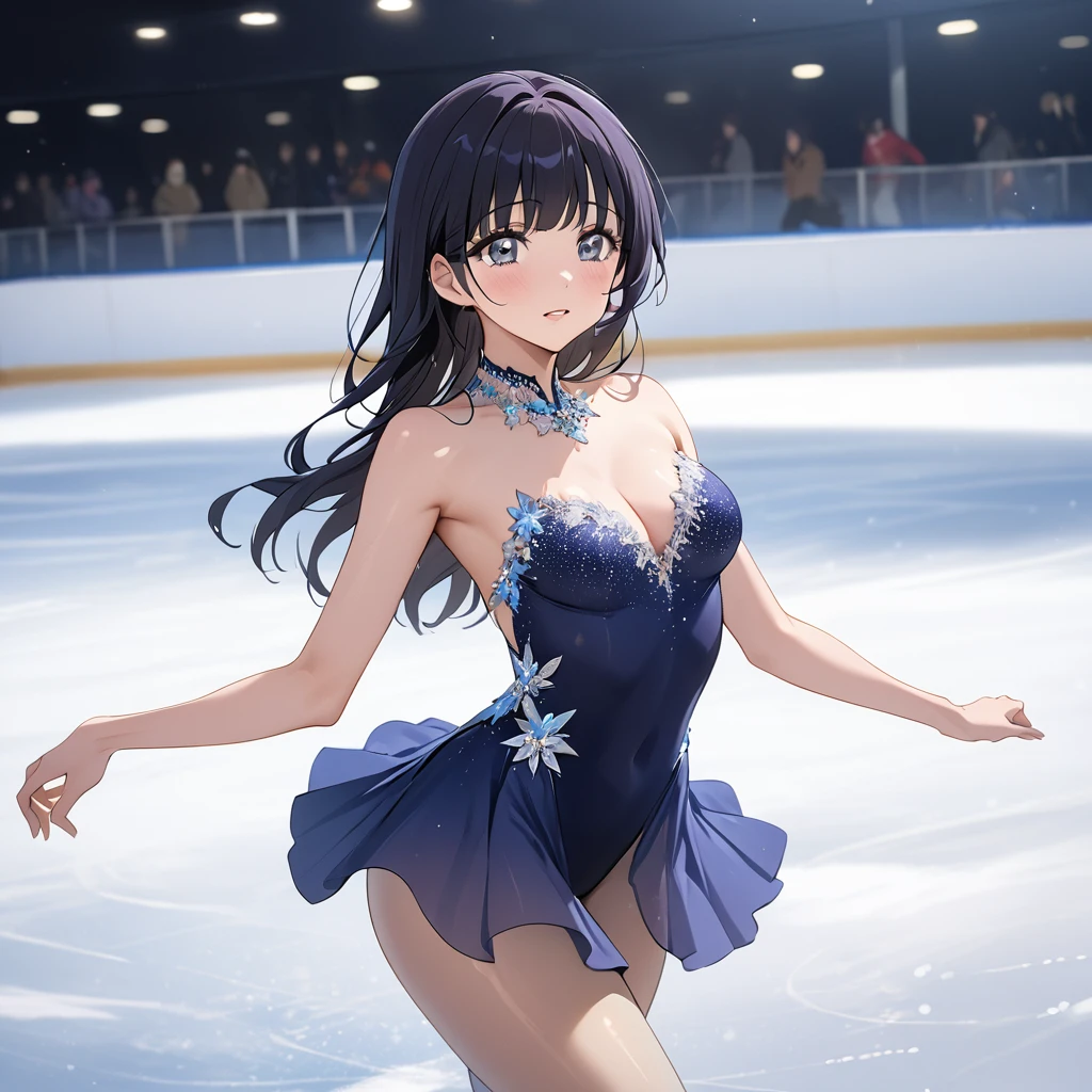 ((Highest quality)), ((masterpiece)), (detailed), (Perfect Face)、The woman is Reika Aoki with semi-long hair、A woman is passionately and attractively skating on an ice rink in a gorgeous and glamorous figure skating costume.