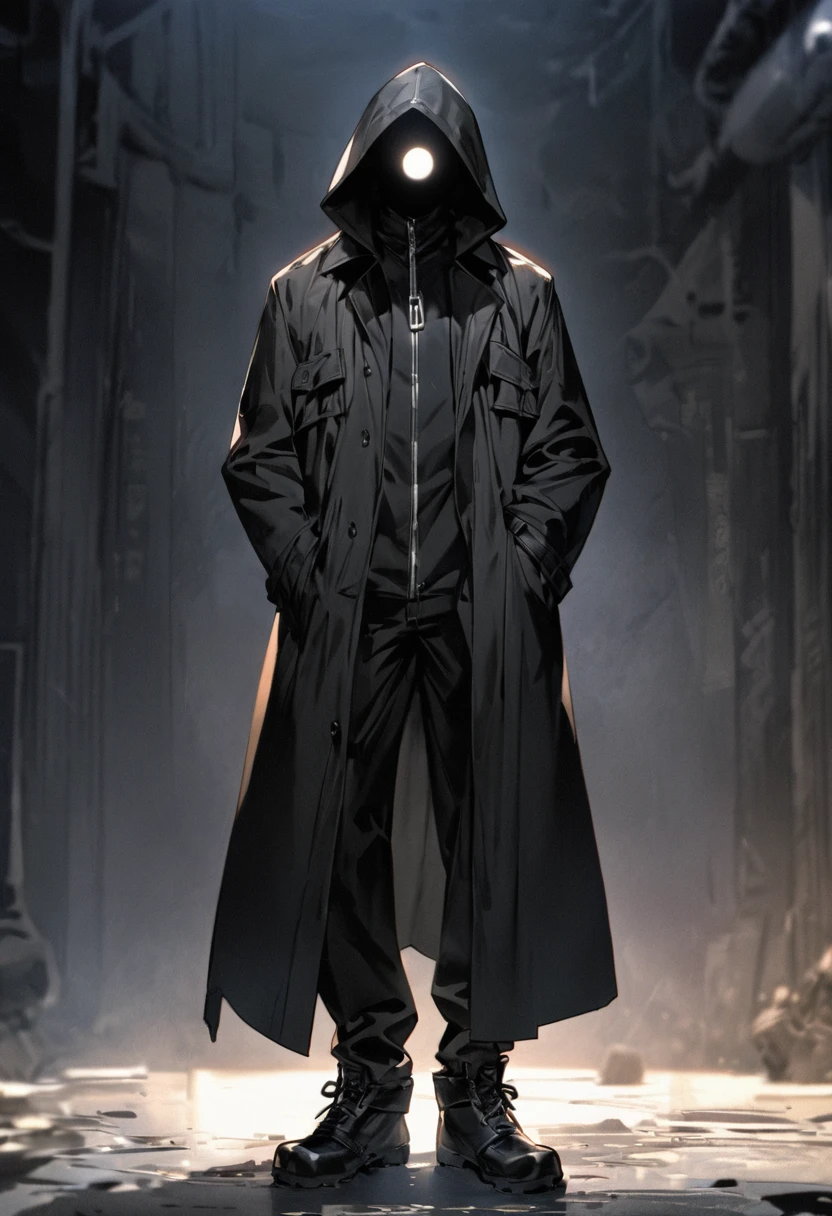 (masterpiece), (high quality), character has a humanoid figure but with a distinctly non-human essence. He is dressed entirely in black, with a long trench coat that reaches his ankles and a belt with a visible metal buckle. Under the trench coat he wears a fitted black jacket with a front zipper and cargo pants with side pockets. His black boots are sturdy, with thick soles and laces. Although his silhouette is that of a human, his face is completely covered by a hood that reveals only two glowing white eyes, with no facial features or visible skin, suggesting he has no conventional human form. His hands, tucked into the pockets of his trench coat, reinforce the idea that, although he is human-shaped, he is not a physically human entity. The overall appearance is that of a mysterious and powerful being, with an air of a vigilante or anti-hero, concealing his true nature.