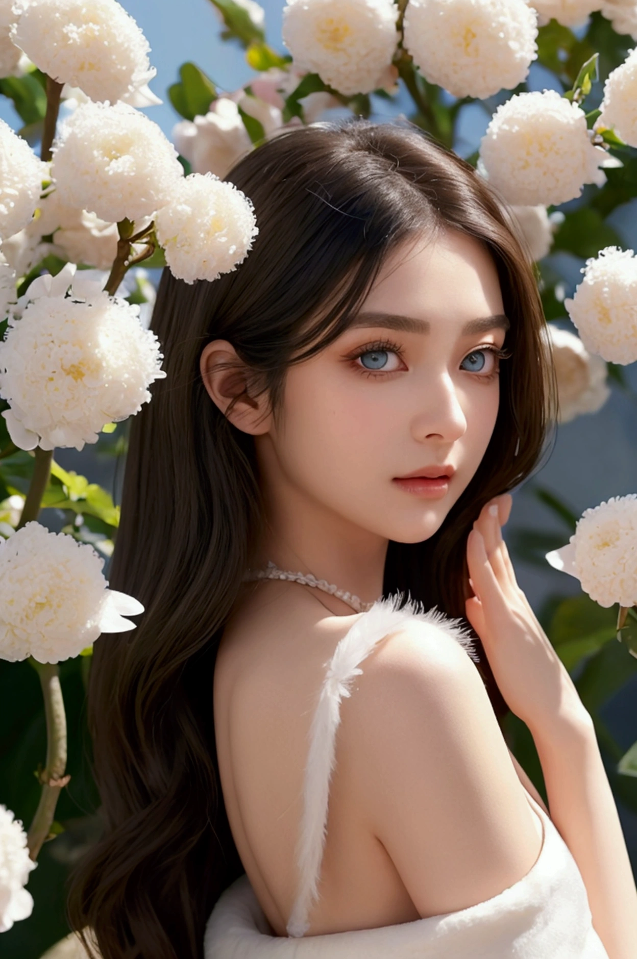 a beautiful girl, hair over the shoulder, light eyes, smooth fur, exquisite and perfect facial features., the most beautiful big eyes, long eyelashes, sweet eyes with lying silkworms, haddock, dynamic angle, Maximum image quality, the highest precision, precise and perfect human body, collar, bust, close up, outdoor, The background is flowers and plants., long shot,