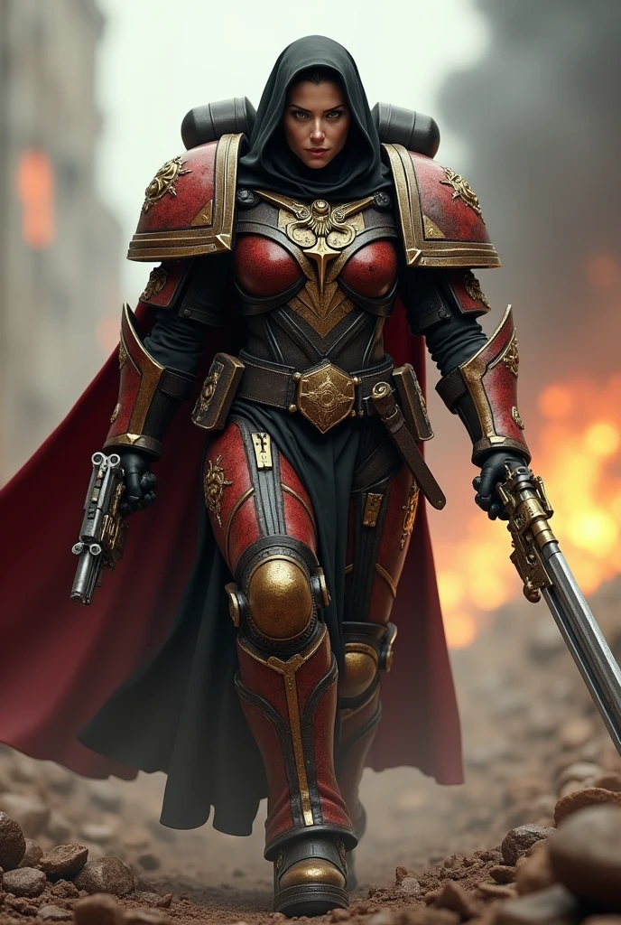 Gina Carano as a Sister of Battle (obtained a sisterhood) do warhammer 40k, in ultra-realistic format during combat, with a sexy and strong body
