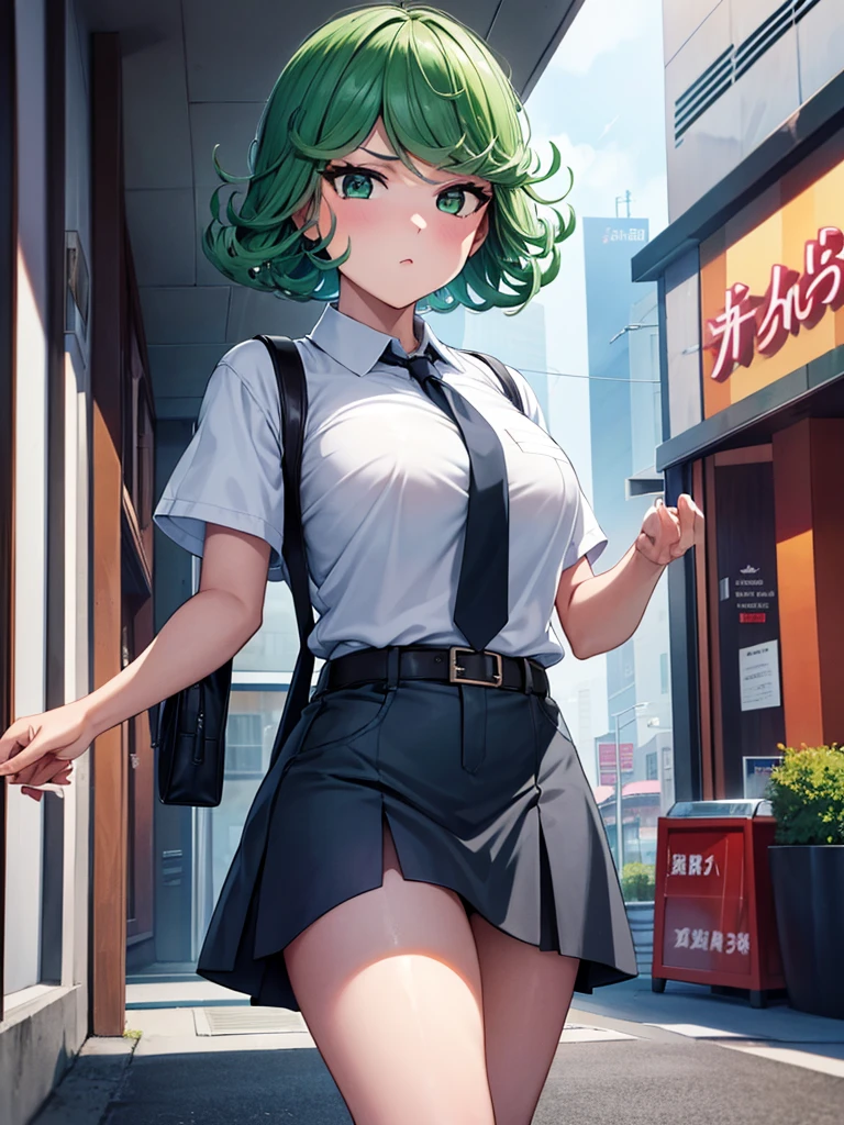 (high res, 8K, masterpiece, looking at viewer, best quality, very aesthetic, ultra detailed, ultra background, ultra Eyes) intricate details, 1girl, Tatsumaki, Chibi, short sleeved white shirt, Light Blue Gray short skirt, Pockets on the left chest, Light Gray Tie, Wearing a belt, Black Sling bag, green short hair, green eyes, drinking bubble milk tea, normal face, Background City, Store, Cinematic Angle
