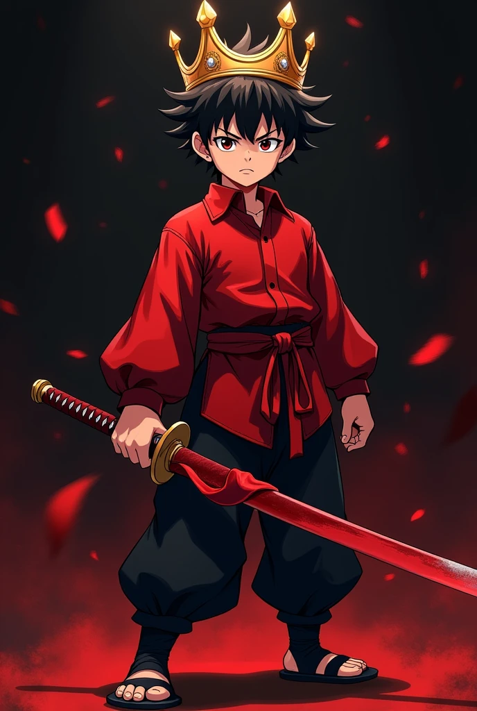 A boy 1 with red shirt and black pant and he have crown in head holding red katana backside and background black anime photo