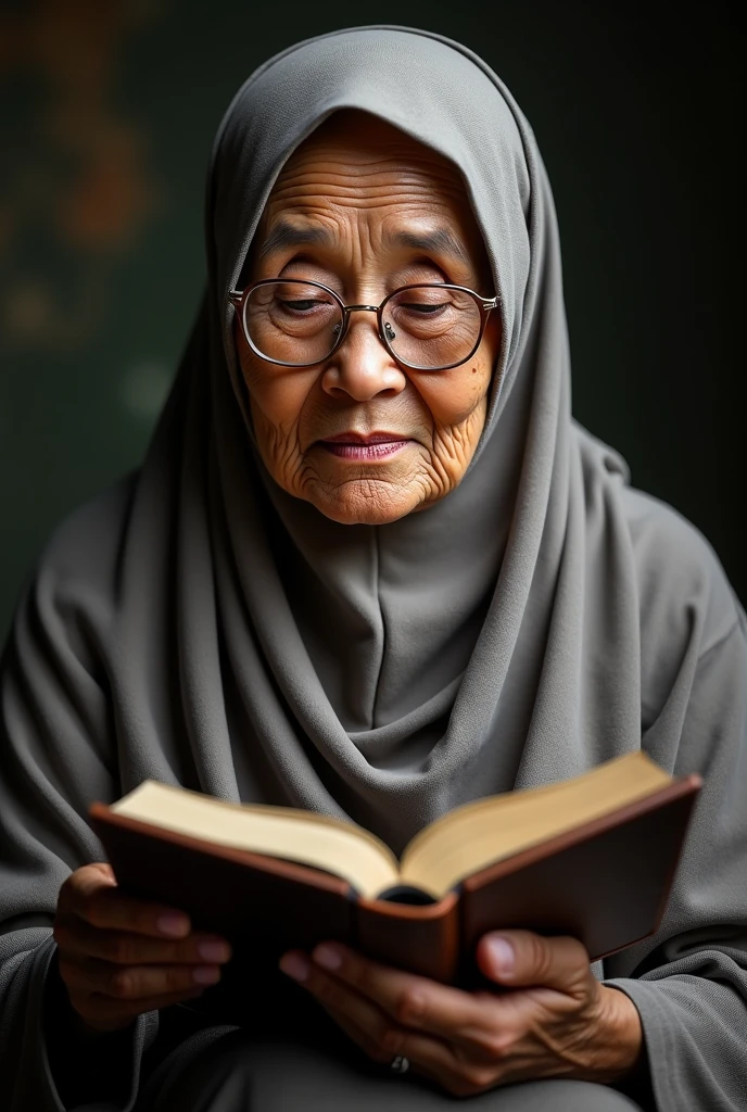malay senior citizen wearing white color reciting al quran wearing kopiah as well wearing spectacle , can u change to the women senior citizen, waering a proper hijab without show her hair and make the asian women face wearing the proper hijab without show her hairs. please cover her hairs