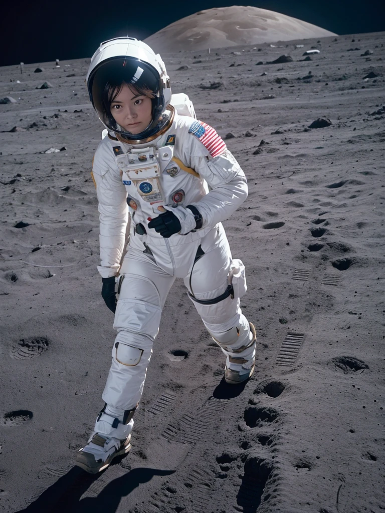 A woman in a spacesuit walking on the moon