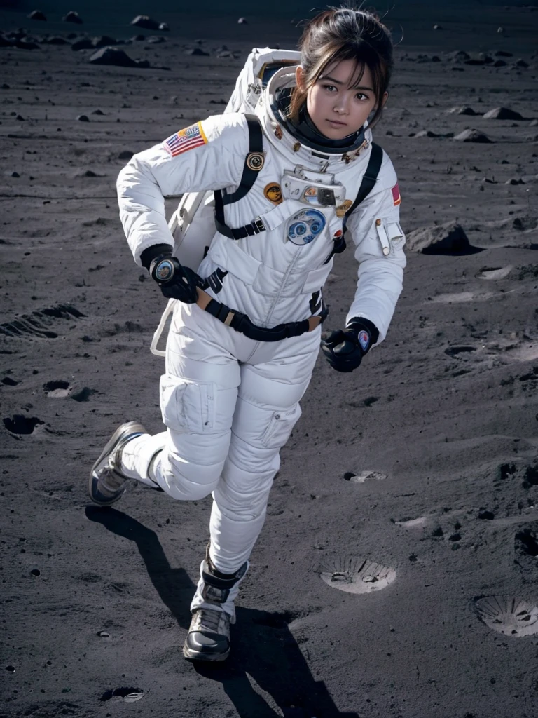 A woman in a spacesuit walking on the moon