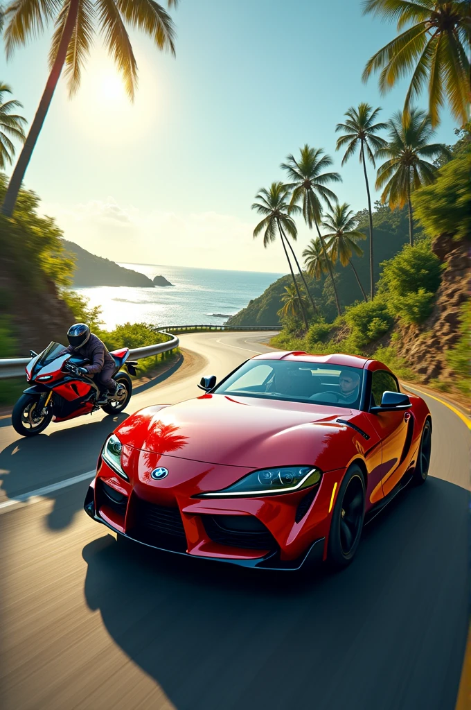 A supra car in kerala road and a bmw 1000rr at the road
