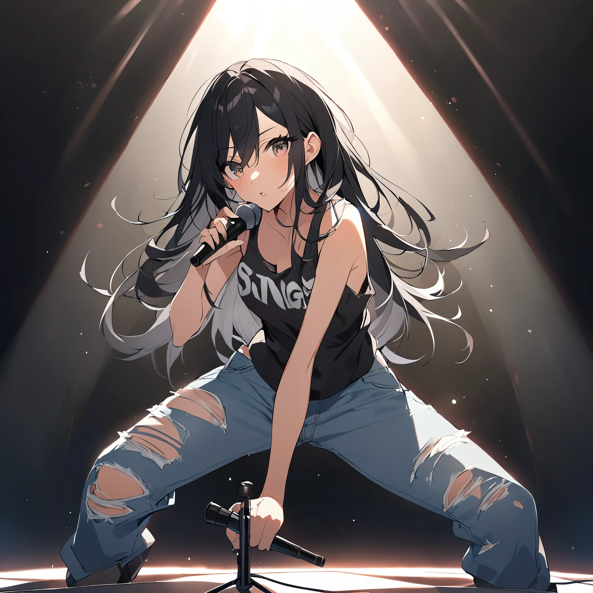 high school girl、singer、stage、Long Black Hair、Tank top、Distressed jeans、Spotlight、shout、microphone、band