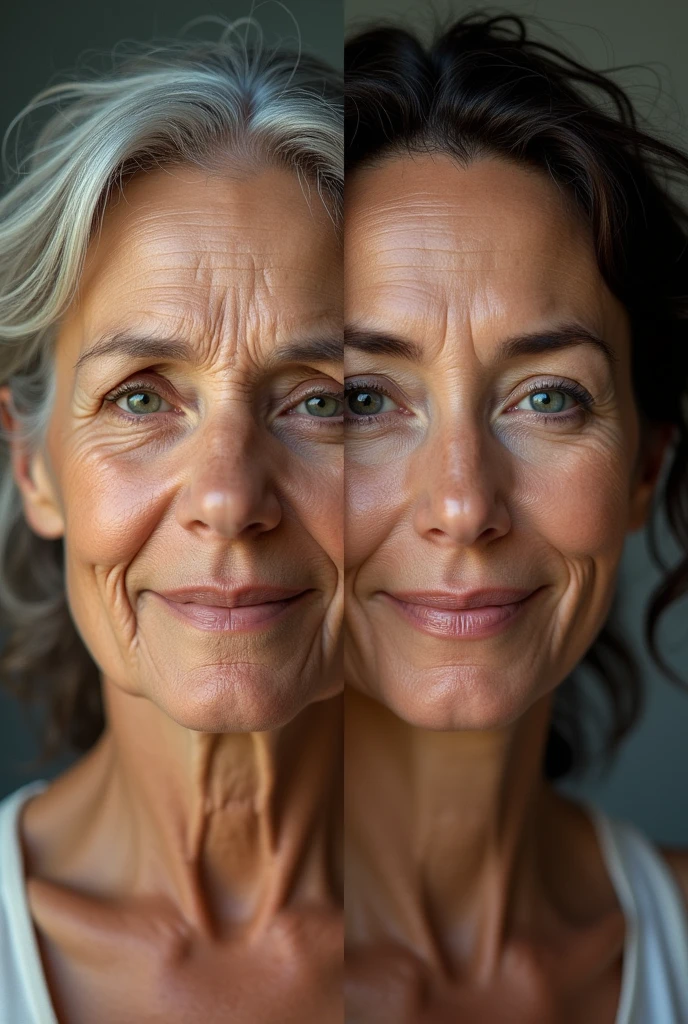 woman with wrinkles, same person without wrinkles