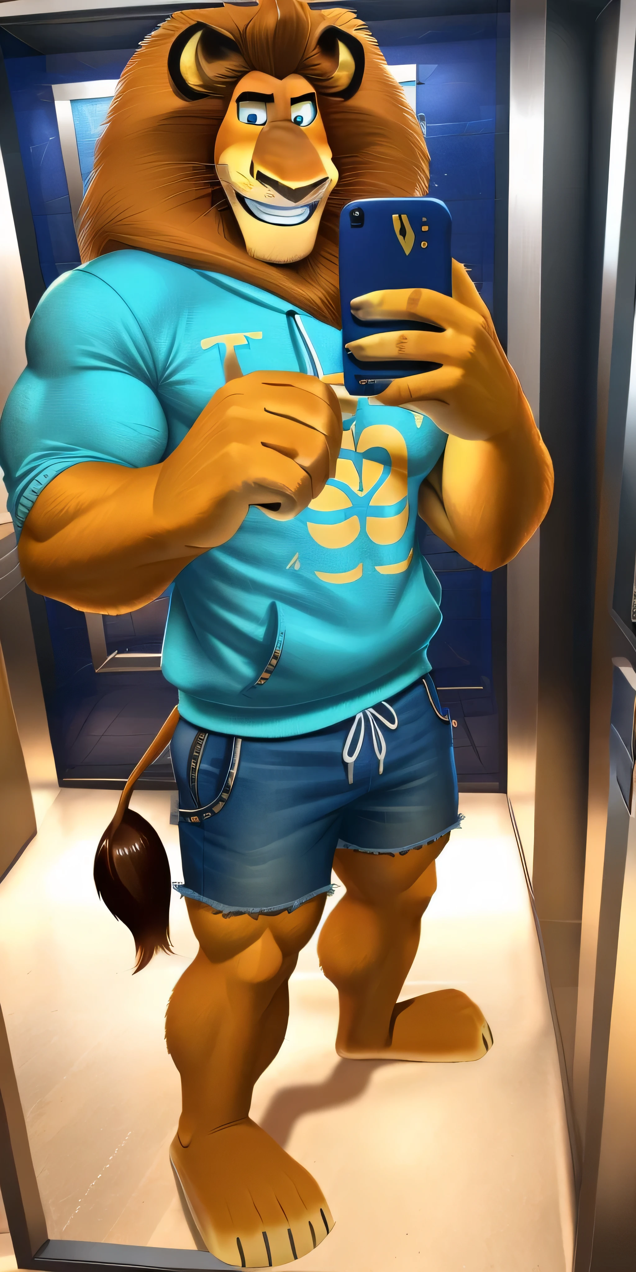 Alex the Lion, muscular body, big biceps, extremely beautiful and cute face, perfectly detailed blue eyes with perfectly detailed pupils, wears cyan sweatshirt with Ferrari car print, denim cargo shorts, bare feet, elevator background, selfie, gentle look, cute smile