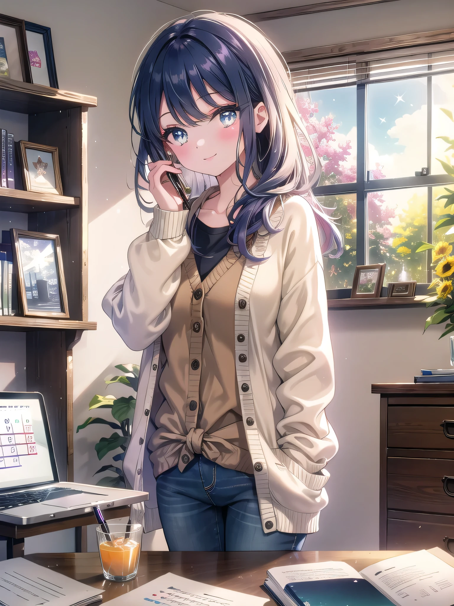 ((8k, Highest quality, masterpiece: 1.3)),Ultra-high resolution,(1 girl, alone), (Color changing eyes, Ultra-detailed, Expressive brilliance, Glitter, Glowing Eyes), Highly detailed eyes, Highly detailed face, Random Hair, ((pastel colour)) The woman is working at her home office desk, which is set up in a cozy corner of her living room. The desk is a simple wooden table with a laptop, a notepad, a pen holder, and a glass of water. A large window beside her desk allows natural light to fill the room, with a view of a quiet suburban street outside. The walls are painted a soft beige, adorned with a few framed pictures and a calendar. Behind her, a small bookshelf holds a mix of novels and work-related materials. She’s dressed casually in a navy blue cardigan over a striped top, paired with dark jeans and comfortable flats. Her hair is loosely tied up, and she wears minimal makeup. She looks at the camera with a warm, content smile, enjoying a productive work-from-home day.