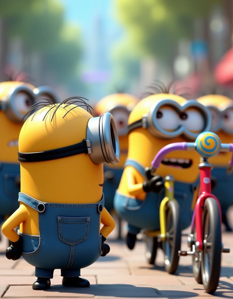 Minion Kevin is watching the bicycle race,scene of each Minion standing next to his bike getting ready