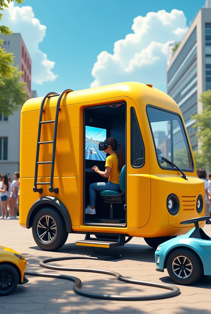 yellow mini truck seen from the rear with the door open and a ladder that gives access from the ground to the inside, and inside a TV running a racing game and a racing cockpit with a sim motion platform and VR glasses and a person using, and outside the truck 2 children's electric cars and an RC track on the ground and everything is in a public square