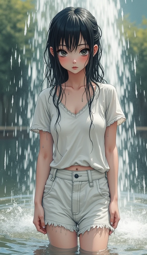 Watercolor painting, tattered clothes, front view, wet from fountain, detailed eyes of gothic lolita girl, getting wet, ((so wet you can see through)), dripping, wet clothes, soaked girl, plain white U-neck, white mini skirt, looks like she's having fun, ((fell and fell on her bottom)), pouring rain