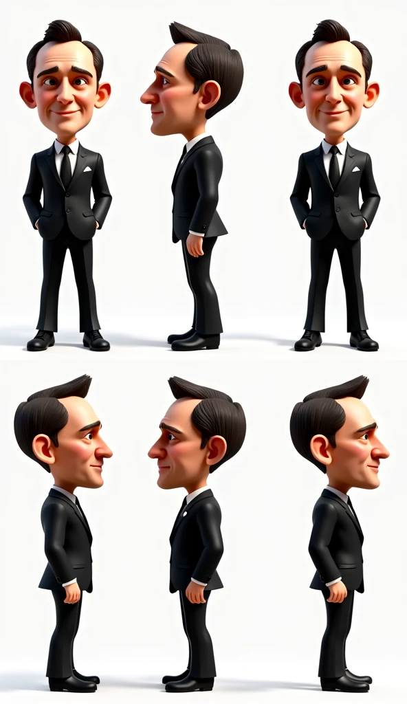 A consistent character design sheet of the caricature style of Daniel Craig's face, Black suit, full body, semi-realistic, 3d shading, white background, different poses, different angles, front view, side view, perspective view.