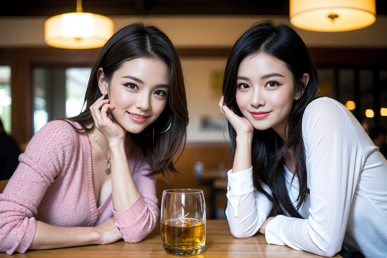 ((Highest quality、8k、masterpiece:1.3))、Whiskey bottles、whiskey、Suntory、Nikka、slimカップル、modelカップル、(Realistic, Intricate details:1.2), full-course dinner、Whiskey bottle and glass on the table、Single Malt、scotch、Rocks glass、Shot Glass、On the rock、Scotland、Amazing view of the sunset sky and clouds、A bright smile、The wonderfulness of smile、 Beautiful Face, blue eyes, The light shines on your face, blush, short hair,Bright Face、 (Age 37), 3,Two beauties、Brown Hair、Shortcuts、Long sleeve shirt、dress、Beautiful woman 1, (slimな顔), (The body is slim), (Brown Hair), (Shortcuts), cheeks turn a little red,Attractive beauty、restaurant, In a prominent place (From the waist up) Nova Frog Style, actress, model, Upper Body, White wine, slim, smile, (smile: 1.15), Beautiful fine grain, Depth f/2,saturation, High Contrast, Strong light and shadow,Moist Body:1.5、3D texture、Delicate eyes、Brown Hair、The hair is very shiny、