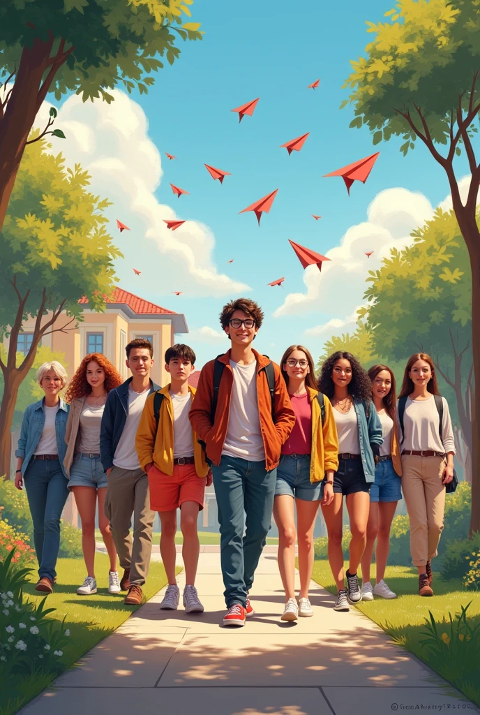 Drawing of our junior to graduating students,The title is "We in Those Years" and the subtitle is "Graduation Yearbook" in a more gorgeous style.,Plus paper airplanes and sunshine plus school