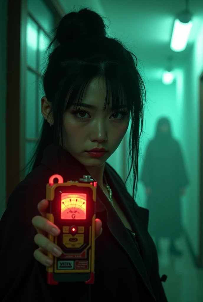 Hu tao hunt a ghost holding EMF meter with red screen yellow screen green screen with her ghost. Emf meter screen had a black needle on the screen