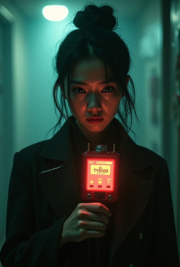 Hu tao hunt a ghost holding EMF meter with red screen yellow screen green screen with her ghost. Emf meter screen had a black needle on the screen