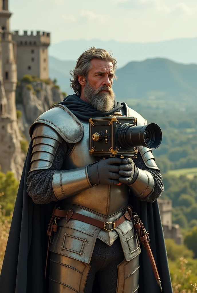 A knight holding a cinema camera in his hand shooting a film