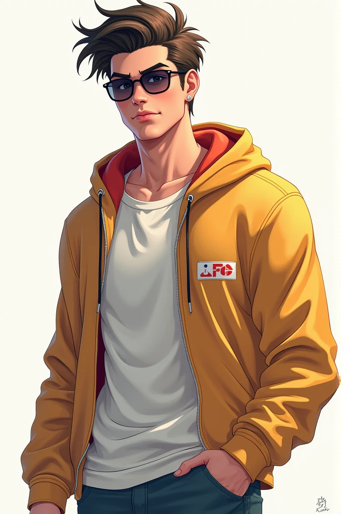 Create anime male cartoon wearing hodi and sun glasses 