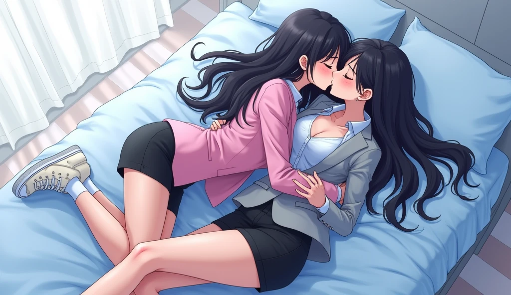 Two girls, long black hairs, yuri, lesbian

(The first girl wear a pink suit jacket, white shirt, black pencil skirt, black underpants, black tights, white socks, white sneakers high top)

(The second girl wore a grey suit jacket, white shirt, black pencil skirt, black underpants, black tights, white socks, white sneakers high top)

french kiss, lesbian kiss, hugging kiss, sensual body, insert one hand and touch the black underpants, insert fingers into pussy,  closed eyes, lying on the bed, light blue bedroom, novel cartoon, 4K, HD