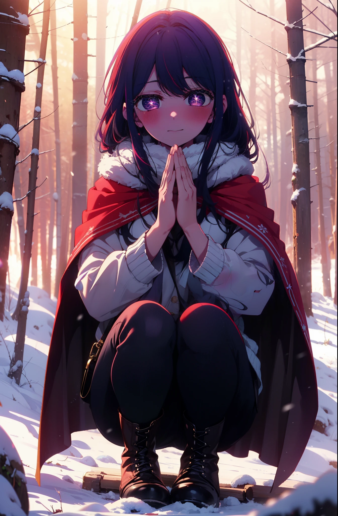 aihoshino, Ai Hoshino, Long Hair, bangs, (Purple eyes:1.1), Purple Hair, (Symbol-shaped pupil:1.5), smile,,smile,blush,white breath,
Open your mouth,snow,Ground bonfire, Outdoor, boots, snowing, From the side, wood, suitcase, Cape, Blurred, , forest, White handbag, nature, Squat, Mouth closed, Cape, winter, Written boundary depth, Black shoes, red Cape break looking at viewer, Upper Body, whole body, break Outdoor, forest, nature, break (masterpiece:1.2), Highest quality, High resolution, unity 8k wallpaper, (shape:0.8), (Beautiful and beautiful eyes:1.6), Highly detailed face, Perfect lighting, Highly detailed CG, (Perfect hands, Perfect Anatomy),