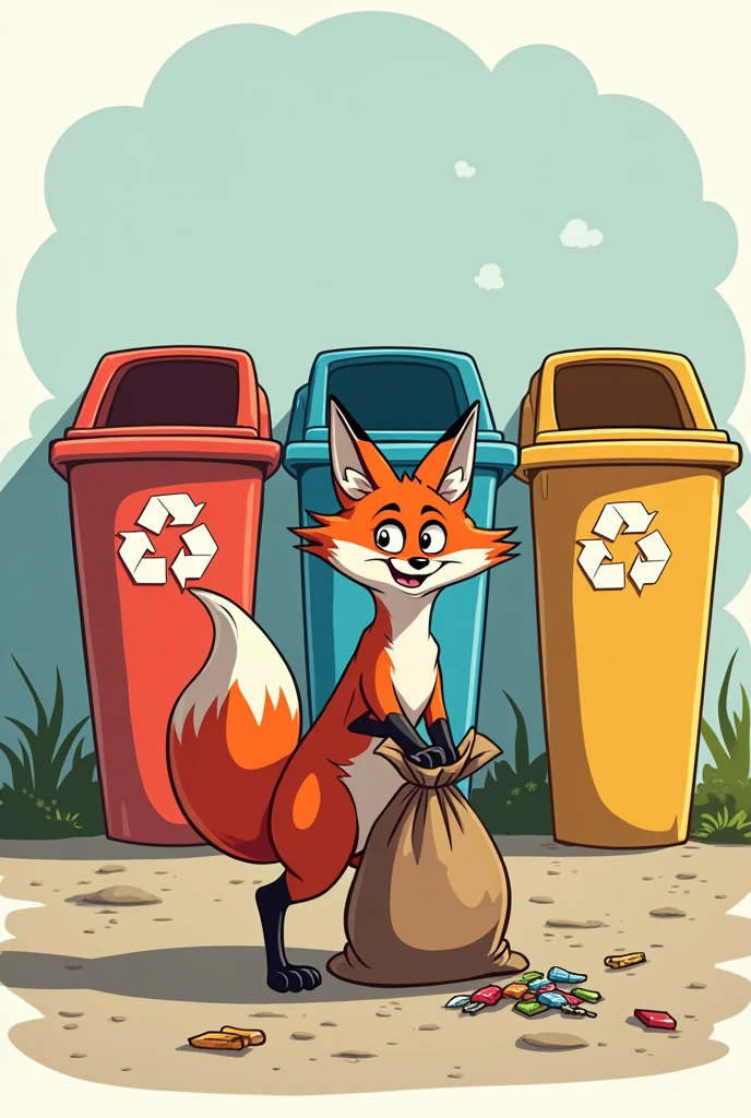Fox throws trash, background has 3 sorting trash cans flow style cartoon . And fox have a bag trash in hand