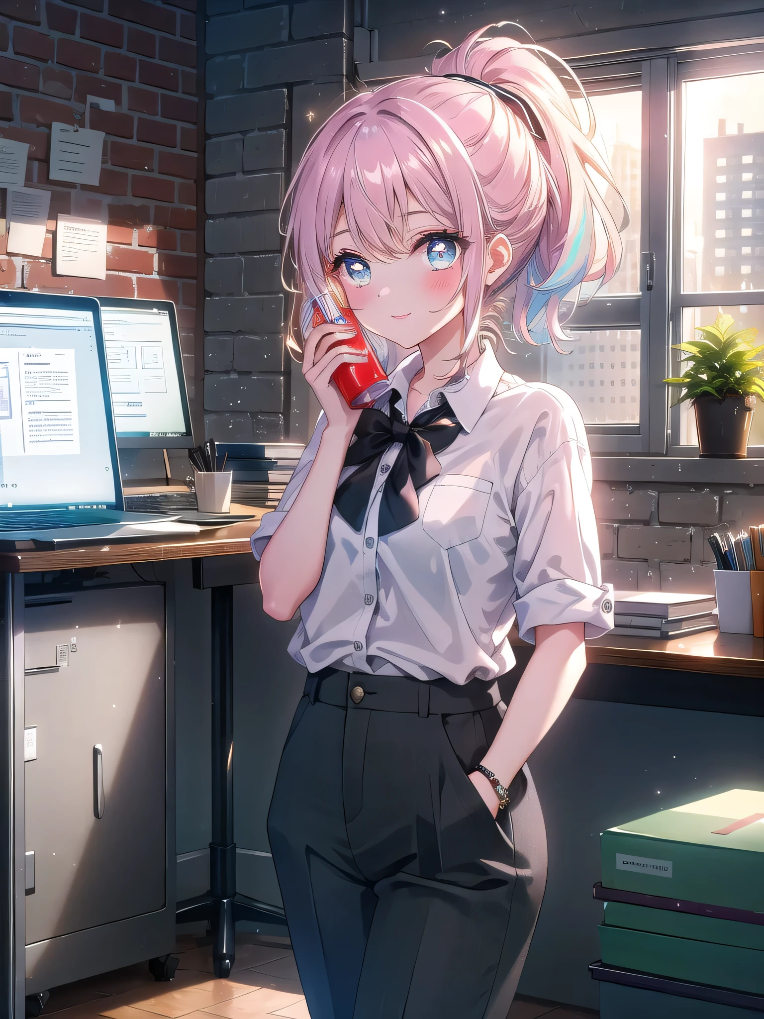 ((8k, Highest quality, masterpiece: 1.3)),Ultra-high resolution,(1 girl, alone), (Color changing eyes, Ultra-detailed, Expressive brilliance, Glitter, Glowing Eyes), Highly detailed eyes, Highly detailed face, Random Hair, ((pastel colour))In a shared office space, the woman is working at her desk, which is separated by low partitions from other workstations. The office is modern, with exposed brick walls, large windows, and industrial-style lighting. Her desk is equipped with a laptop, a notepad, a reusable water bottle, and a few scattered sticky notes. There’s also a small plant and a motivational poster on the wall behind her. The office is filled with the quiet hum of colleagues typing and discussing projects in the background. She’s dressed in a simple white blouse tucked into high-waisted grey trousers, with black loafers. Her hair is styled in a loose ponytail, and she’s wearing minimal jewelry. She glances at the camera with a relaxed and slightly playful smile, enjoying the collaborative atmosphere of the shared workspace.