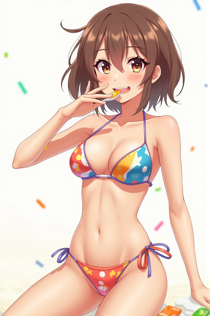 A anime girl posing with bikini and eating glue