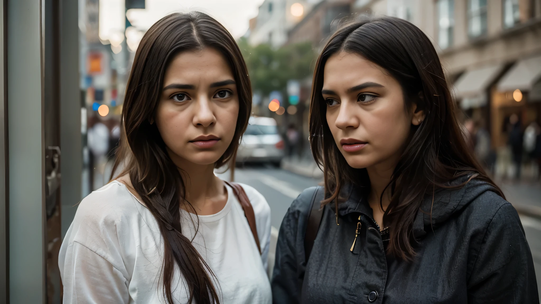 "Create an image of a mother and daughter standing together, with a clear emotional distance between them. The mother has an expression of concern and frustration as she tries to talk, but her lips seem sealed or stuck, symbolizing her struggle to find the right words. The daughter, standing beside her, appears sad and withdrawn, with a tear-streaked face, indicating she is heartbroken. The background should be minimalistic and soft, with both characters isolated, allowing for transparency around them."