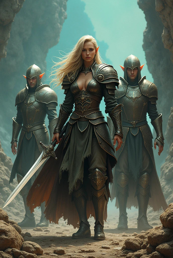 Final Fantasy game theme. Image of a 3 elf with tanned hair standing holding her favorite sword., He wore heavy armor of shining steel, mystical colors and dramatic tones. A masterpiece with the highest resolution, Surrealist image type