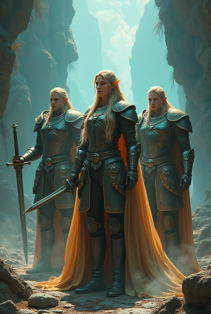 Final Fantasy game theme. Image of a 3 elf with tanned hair standing holding her favorite sword., He wore heavy armor of shining steel, mystical colors and dramatic tones. A masterpiece with the highest resolution, Surrealist image type