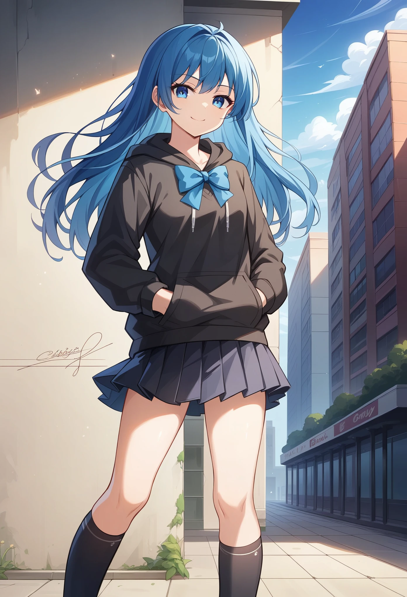 Official Art, Unity 8K Wallpaper, Extreme Detailed, Beautiful and Aesthetic, (cowboy shot), Masterpiece, Top Quality, perfect anatomy, concept art, (best illustration), (best shadow), Analog Color Theme,vivid clorors, contrast, smooth, sharp focus, scenery, 1 girl, solo, long hair, looking at viewer, bangs, blue eyes, skirt, shirt, long sleeves, closed mouth, blue hair, standing, plain black hoodie, loose hoodie, pleated skirt, outdoors, sky, bright day, socks, black skirt, kneehighs, dutch angle, floating hair, feet out of frame, black socks, blue bow tie, building, hands in pockets, confident look, confident pose, smile, smirk outlines