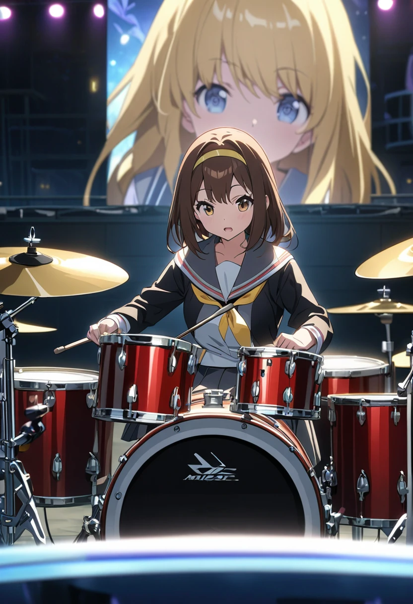 Girl、Brown Hair、Iris、Yellow hair band、Japanese school uniform、Playing the drums、drum set、Night music stage in the background、Overlooking、Masterpiece、Anime painting、