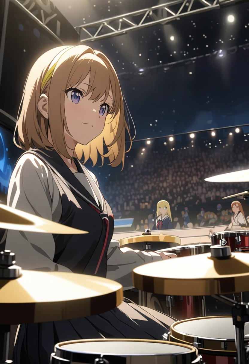 Girl、Brown Hair、Iris、Yellow hair band、Japanese school uniform、Playing the drums、drum set、Night music stage in the background、Overlooking、Masterpiece、Anime painting、