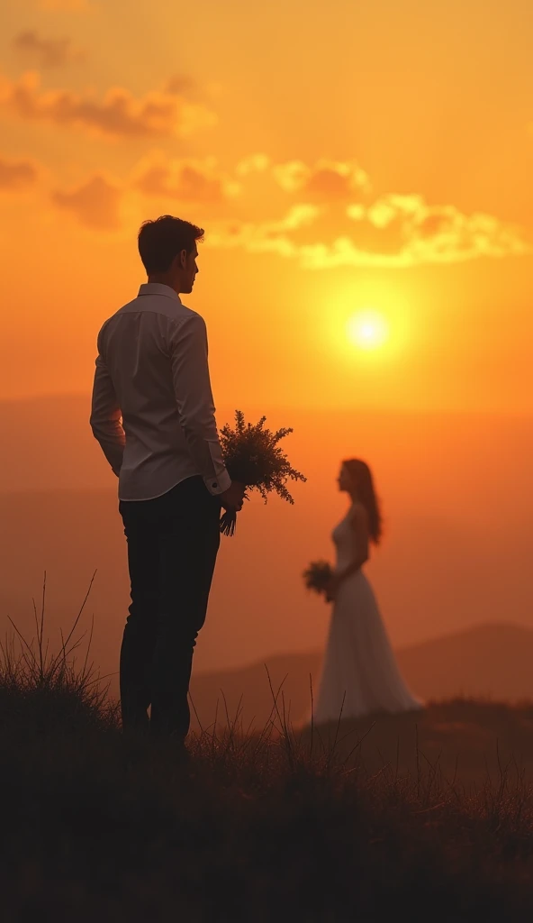 Visual: A man looking at a distant figure of a woman standing on a hill, with the sun setting behind her. He holds a bouquet of flowers or a small gift, signifying his intention to marry her. His expression could be one of longing or determination.
