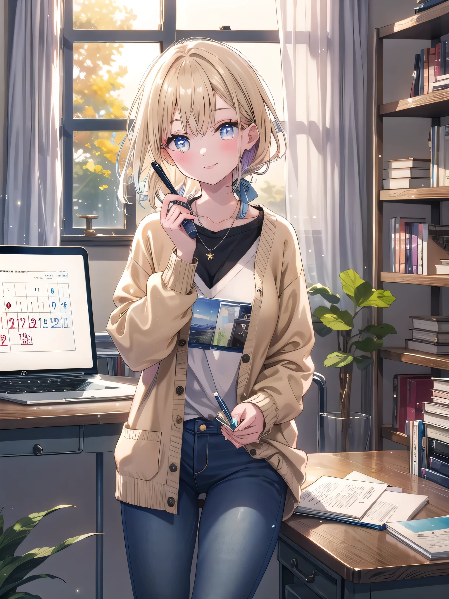 ((8k, Highest quality, masterpiece: 1.3)),Ultra-high resolution,(1 girl, alone), (Color changing eyes, Ultra-detailed, Expressive brilliance, Glitter, Glowing Eyes), Highly detailed eyes, Highly detailed face, Random Hair, ((pastel colour)) The woman is working at her home office desk, which is set up in a cozy corner of her living room. The desk is a simple wooden table with a laptop, a notepad, a pen holder, and a glass of water. A large window beside her desk allows natural light to fill the room, with a view of a quiet suburban street outside. The walls are painted a soft beige, adorned with a few framed pictures and a calendar. Behind her, a small bookshelf holds a mix of novels and work-related materials. She’s dressed casually in a navy blue cardigan over a striped top, paired with dark jeans and comfortable flats. Her hair is loosely tied up, and she wears minimal makeup. She looks at the camera with a warm, content smile, enjoying a productive work-from-home day.
