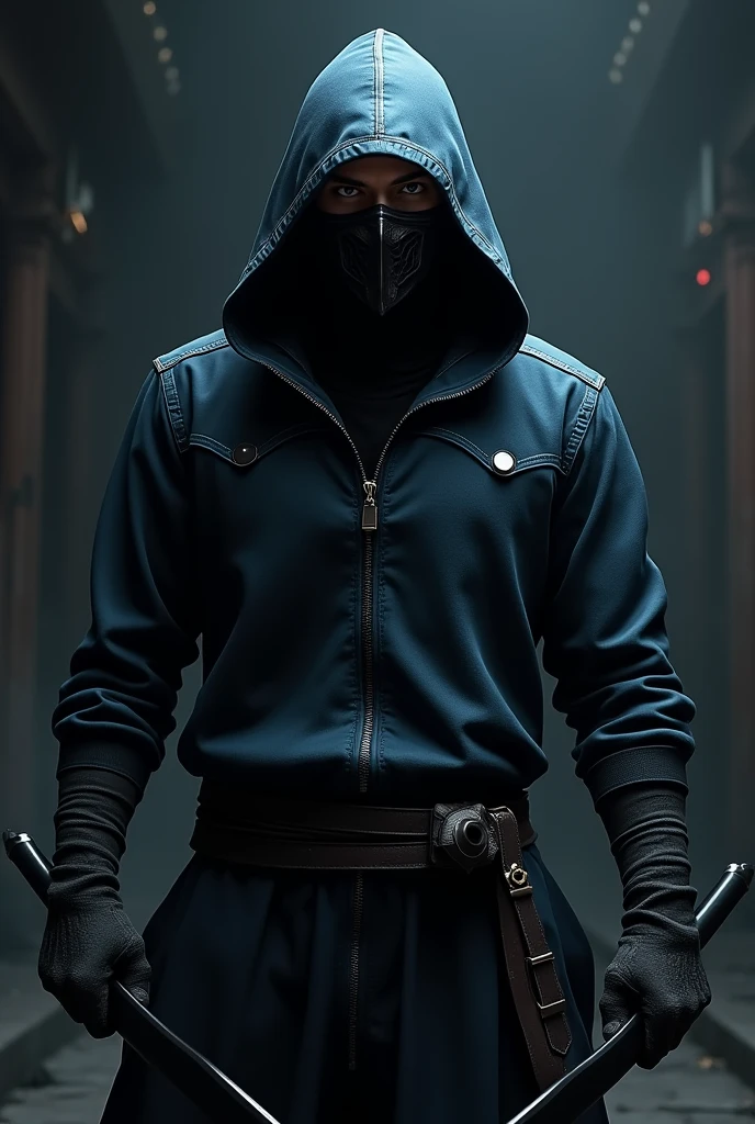 Black suit ninja with dark blue hodie wearing black mask with half of oni mask holding double escrima stick
