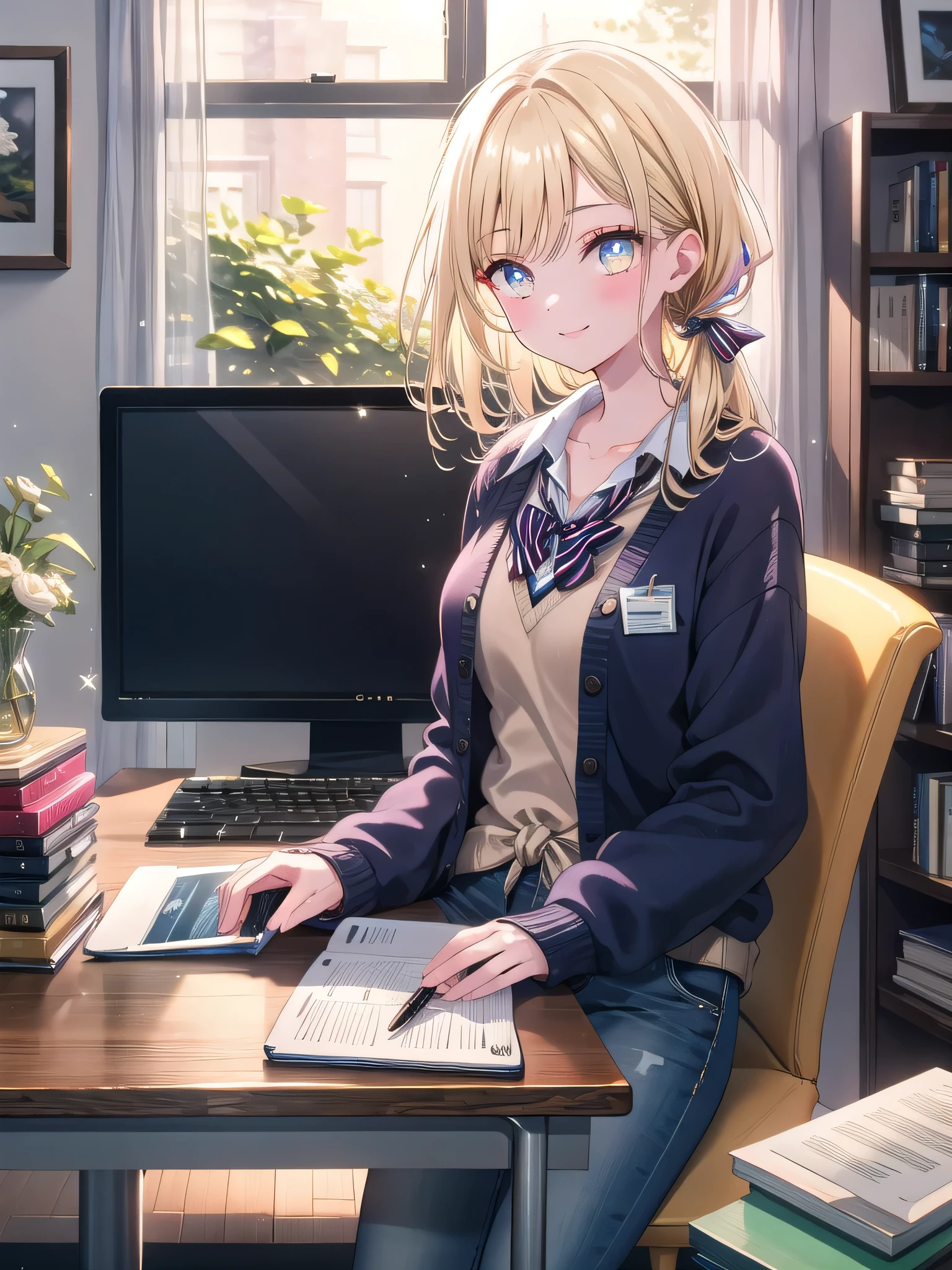 ((8k, Highest quality, masterpiece: 1.3)),Ultra-high resolution,(1 girl, alone), (Color changing eyes, Ultra-detailed, Expressive brilliance, Glitter, Glowing Eyes), Highly detailed eyes, Highly detailed face, Random Hair, ((pastel colour)) The woman is working at her home office desk, which is set up in a cozy corner of her living room. The desk is a simple wooden table with a laptop, a notepad, a pen holder, and a glass of water. A large window beside her desk allows natural light to fill the room, with a view of a quiet suburban street outside. The walls are painted a soft beige, adorned with a few framed pictures and a calendar. Behind her, a small bookshelf holds a mix of novels and work-related materials. She’s dressed casually in a navy blue cardigan over a striped top, paired with dark jeans and comfortable flats. Her hair is loosely tied up, and she wears minimal makeup. She looks at the camera with a warm, content smile, enjoying a productive work-from-home day.