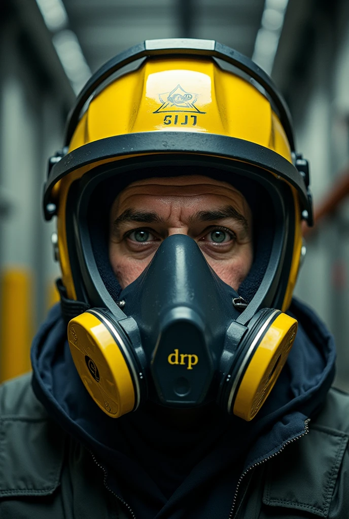 A man in a confined environment using a full face closed respiratory mask supplying compressed air oxygen model Facial Respiratory Mask with yellow cover drp cili