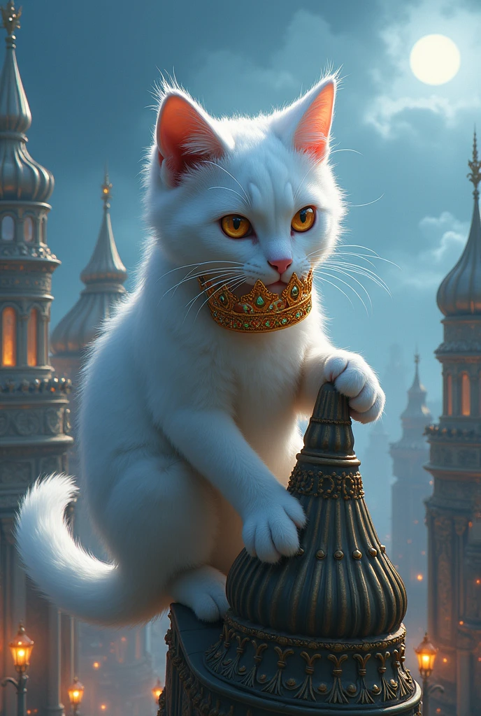 Snowclaw, the legendary white thief cat, steals the Crown of Catlantis