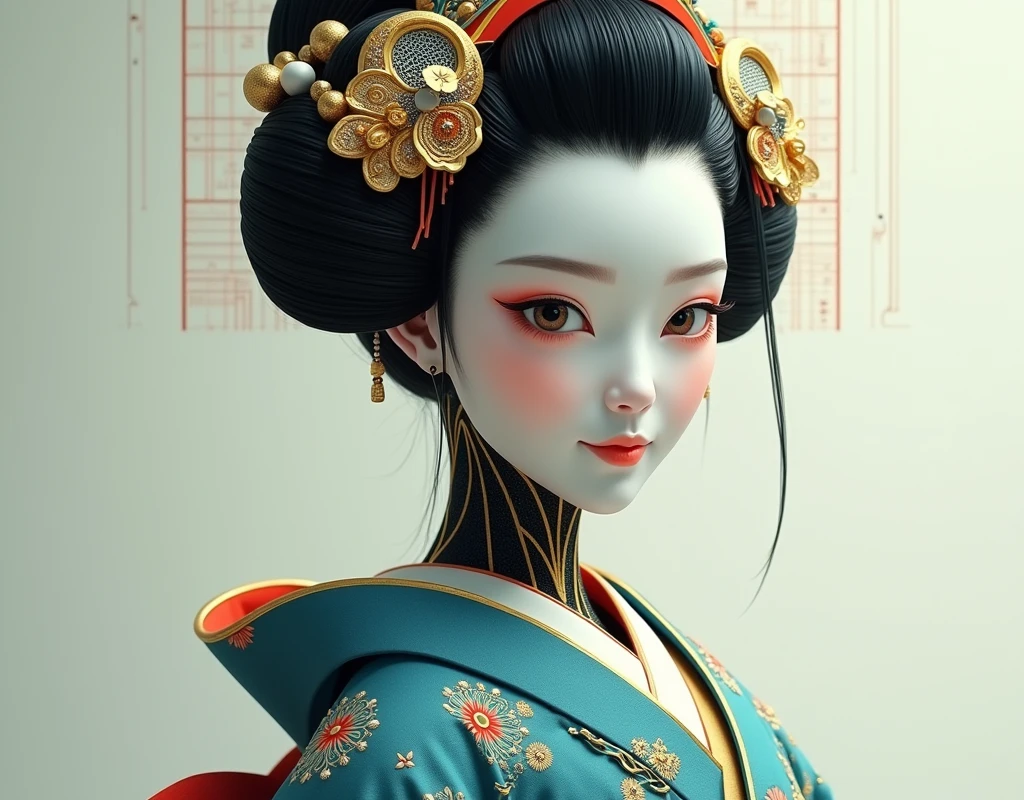 Create a highly detailed digital artwork of a futuristic geisha. The geisha's face is smooth and pale like porcelain, with a high-tech, robotic texture blending seamlessly with human features. Her hair is styled in a traditional Japanese updo, adorned with intricate golden ornaments and futuristic elements. Her attire is a luxurious kimono with rich blue and gold patterns, featuring delicate floral designs and advanced tech details. Her expression is serene, with a subtle, enigmatic smile. The background is minimalist, with a faint, abstract grid pattern to emphasize the futuristic theme.