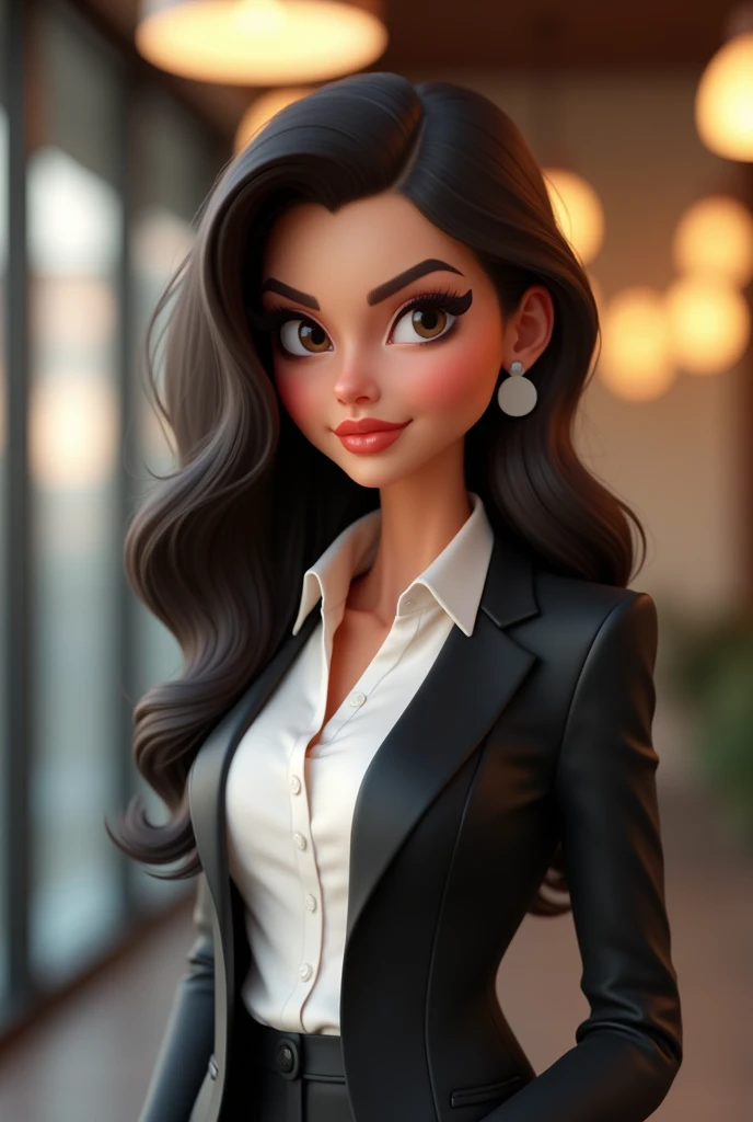 Cartoon character of a woman, black blazer with white shirt, animation character, stylized character, animation style rendering, 3d stylized, Arnold Maya rendering, real body proportions, Stylized 3D rendering, toon render screenshot, 3d character, 3d character, Stylized 3D rendering, 3D character rendering, cartoon character, Personagem de close up, character posing,  (Pixar-style) (master part:1.2) (bokeh) (best qualityer) (skin detailed) (detailed texture) (8k) (Argilla) (cinematic lighting) (sharp focus