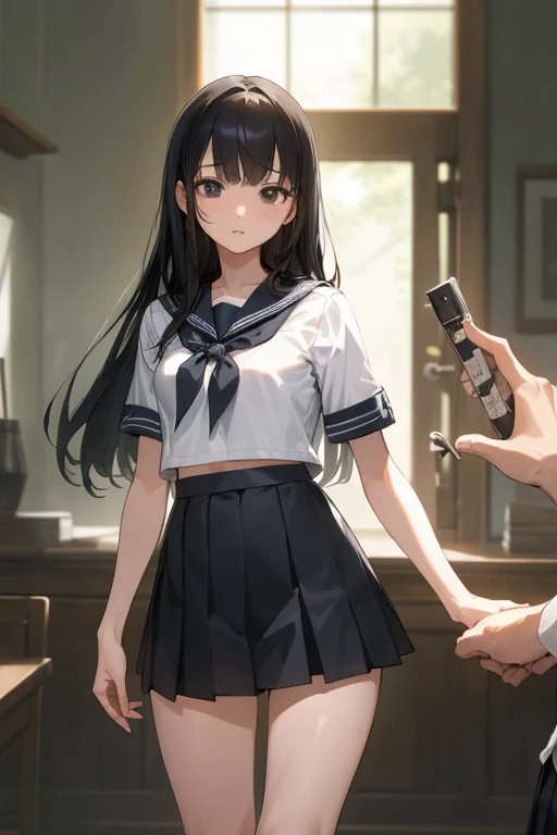 (Official Art、best quality、Unity 8k Wallpaper、32K、 masterpiece、Ultra Detailed、high resolution,Perfect anatomical structure),(Natural soft lighting:1.2),Beautiful face and eyes,Cowboy shooting,(Focus 1woman,Solitary),1 beautiful、Japanese, Success Master:1.5、Black Hair,Long hair,bangs,black eyes,(Small head:1.4, Ideal body proportions:1.5,Skinny:1.2,Small breasts:1.2),(Uniforms:1.3、Short sleeve、Sailor Suit、Pleated Mini Skirt)、Kou&#39;s position:1.5、Fighting Stance:1.4、1 girl，JK Clothing，Gloomy cells，All over the ground torture instruments，Bloody torture instruments，All over the ground bloodstained，All over the ground，4 naked men，The girl was naked，Teenage nude，The girl was tied up and hung，，，Girl with injuries，Wailing in pain，The girl wasrape，The girl was，Multiple people had violent sex with a young girl，Violent sexual behavior，Deep throat，，（（Full set））、（：1.6），rape，Clothes are torn