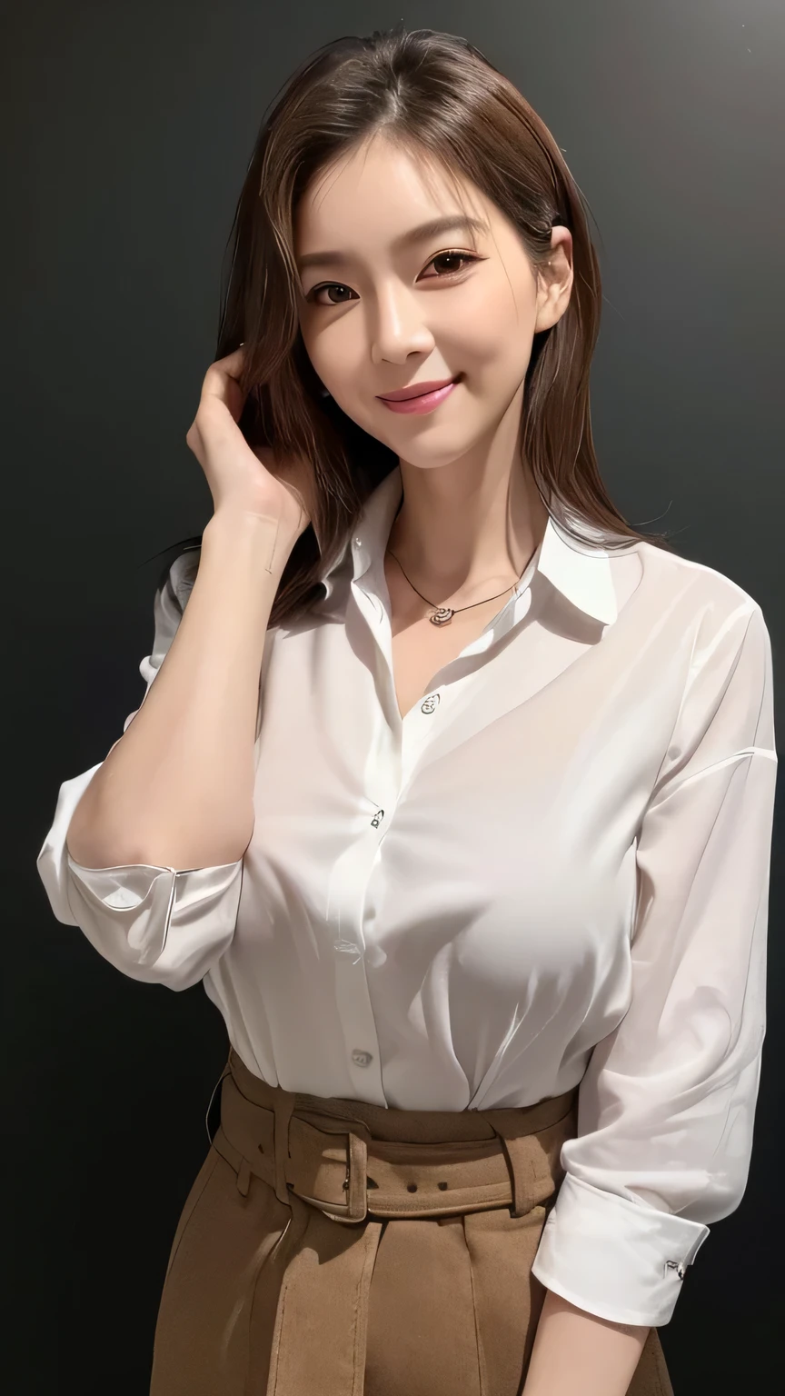 ((Highest quality, 8k, realistic photographic expression、delicate、detailed、Ultra-high resolution、masterpiece: 1.3))、((Slender body:1.4))、(((Mature beautiful middle-aged woman、4 Japanese matomically correct face、charisma)))、(Slim and toned waist:1.3),(((Very large breasts)))、((A lot of brown hair、Messy medium length hair))、(())、((White collared business shirt、A thin business shirt))、Natural Makeup、((smile:1.2))、Thin legs, Small face with pointed chin、Rough skin、Long droopy eyes、((Age Line、Wrinkles around the eyes:1.4))、necklace, (Professional cool lighting:1.3)、(Waist to head:1.2)、cool and simple dark wall background、