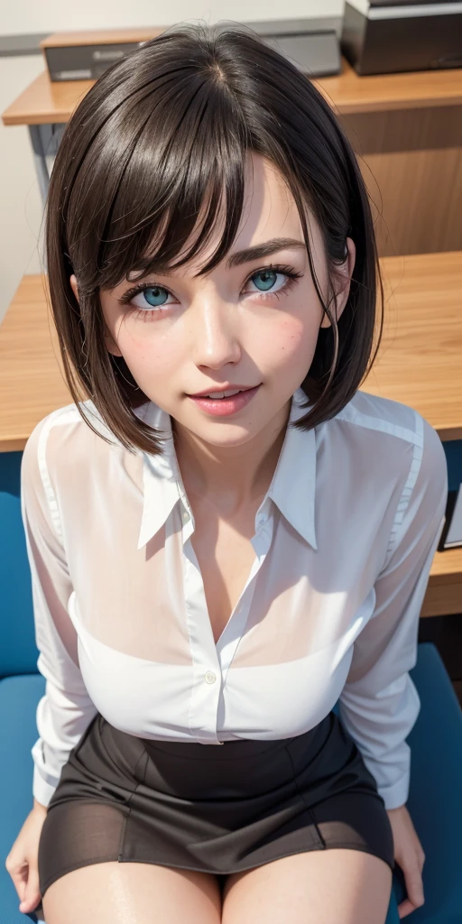 (RAW, best quality, masterpiece:1.5), (photo realistic, intricate details:1.2), ultra highres, absurdres,
1girl, beautiful face, blue eyes, green eyes, detalied eyes, symmetric eyes, light on face, nose blush, short hair, black hair tie, 
clk, vest, suit, pencil miniskirt, (unbuttoned white shirt:1.2), loose silk scarf, black pantyhose, [:20d, :0.8],
smile, small dimples, sexually suggestive, head back, ahegao, rolling eyes, breastapart
medium breasts, slim waist, slim legs, long legs,
sitting on chair in front of desk, perfect body, good proportions,
looking at viewer, 
(office, indoor, hyper detailed background:1.2), japan, copy machine, file cabinet, computer, monitor,
shiny skin, real skin texture, 
natural lighting, best lighting, detailed background, detailed shadow, sharp focus, depth of field f/2,
saturated, high contrast, strong light and shadow