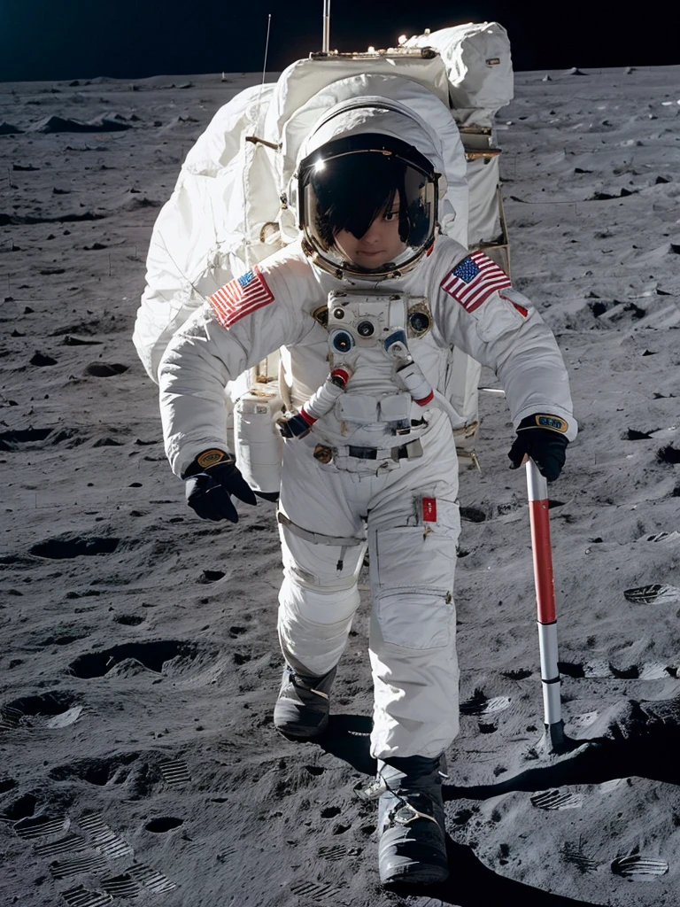 Female astronaut walking on the moon