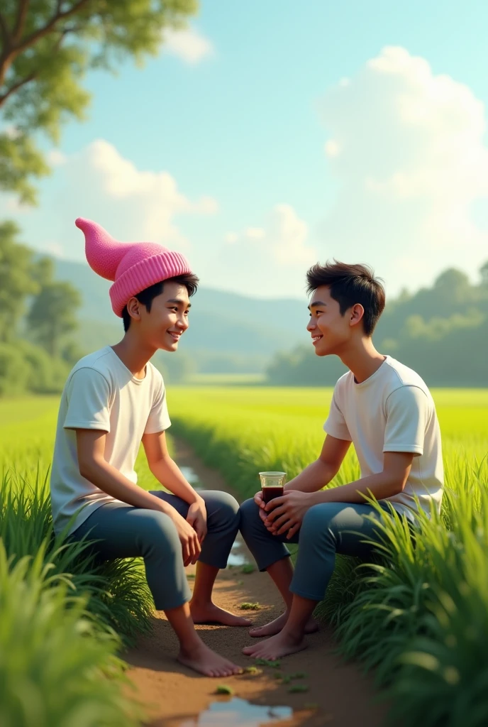 Realistic 3d of a 2 Indonesian young man wearing a pink penis hat, wearing a white t-shirt, trousers and his penis sticking out of his pants barefoot, sitting on the edge of a rice field with a sweet, thin smiling facial expression while carrying a glass of coffee, background on the edge of a rice field